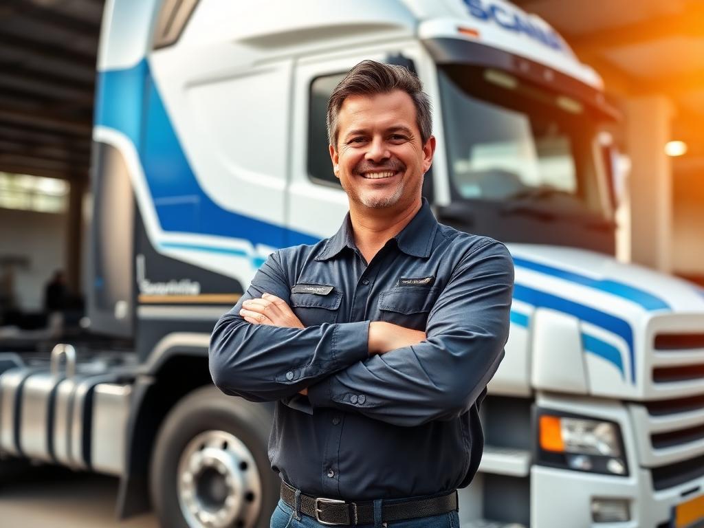 Caminhoneiro autônomo sorrindo em frente ao seu caminhão com o RNTRC regularizado